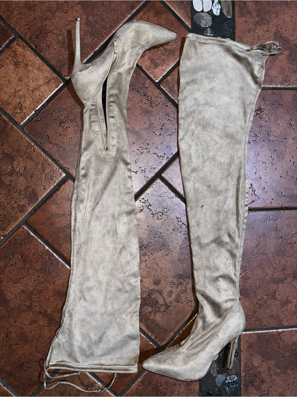 Over-the-Knee Pointed Toe Stiletto Boots - Light Taupe